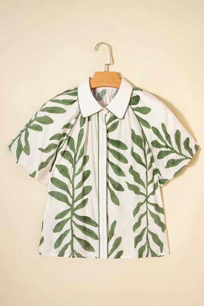 Leaf Patterned Balloon Sleeve Shirt