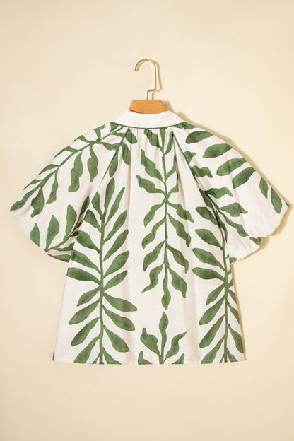 Leaf Patterned Balloon Sleeve Shirt