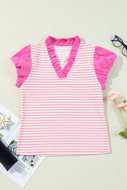 Pink Stripe Ruffle V-Neck Top