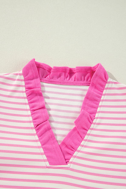 Pink Stripe Ruffle V-Neck Top