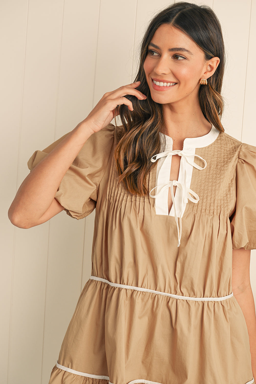 Mehri Knot Front Pleated Tiered Mini Dress