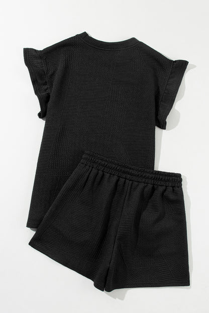 Textured Ruffle Top and Drawstring Shorts Set