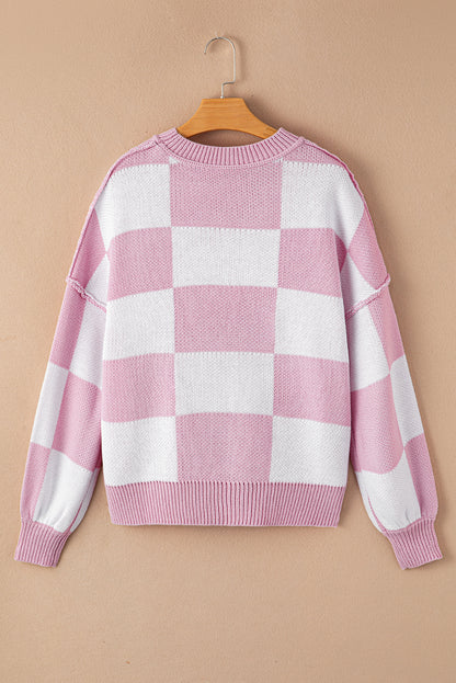 Checked Bishop Sleeve Pullover Sweater