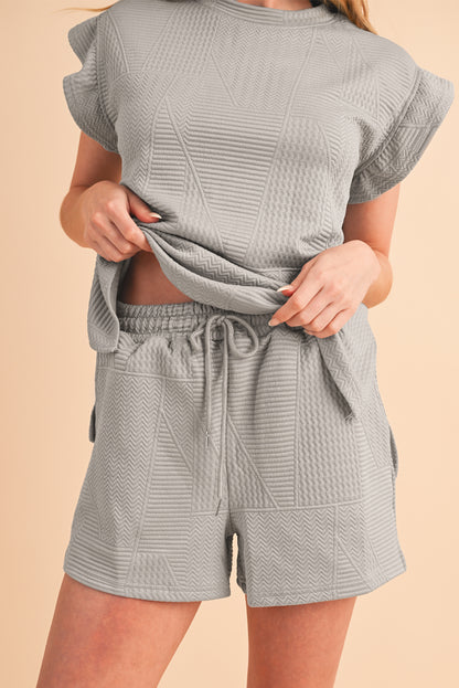Textured Ruffle Top and Drawstring Shorts Set