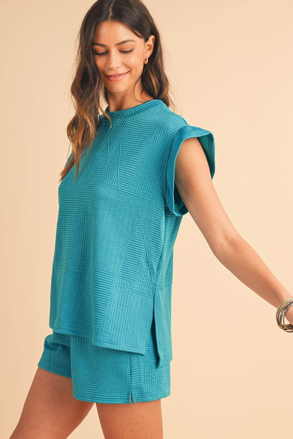 Textured Ruffle Top and Drawstring Shorts Set