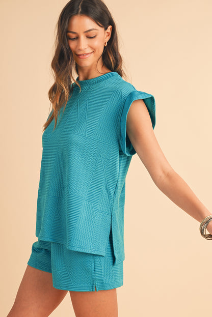 Textured Ruffle Top and Drawstring Shorts Set