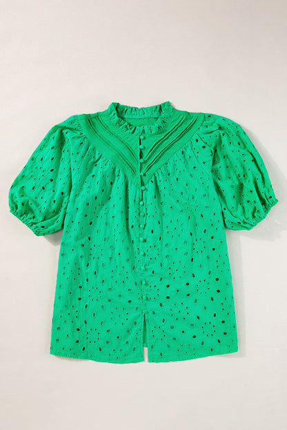 Eyelet Short Puff Sleeve Blouse