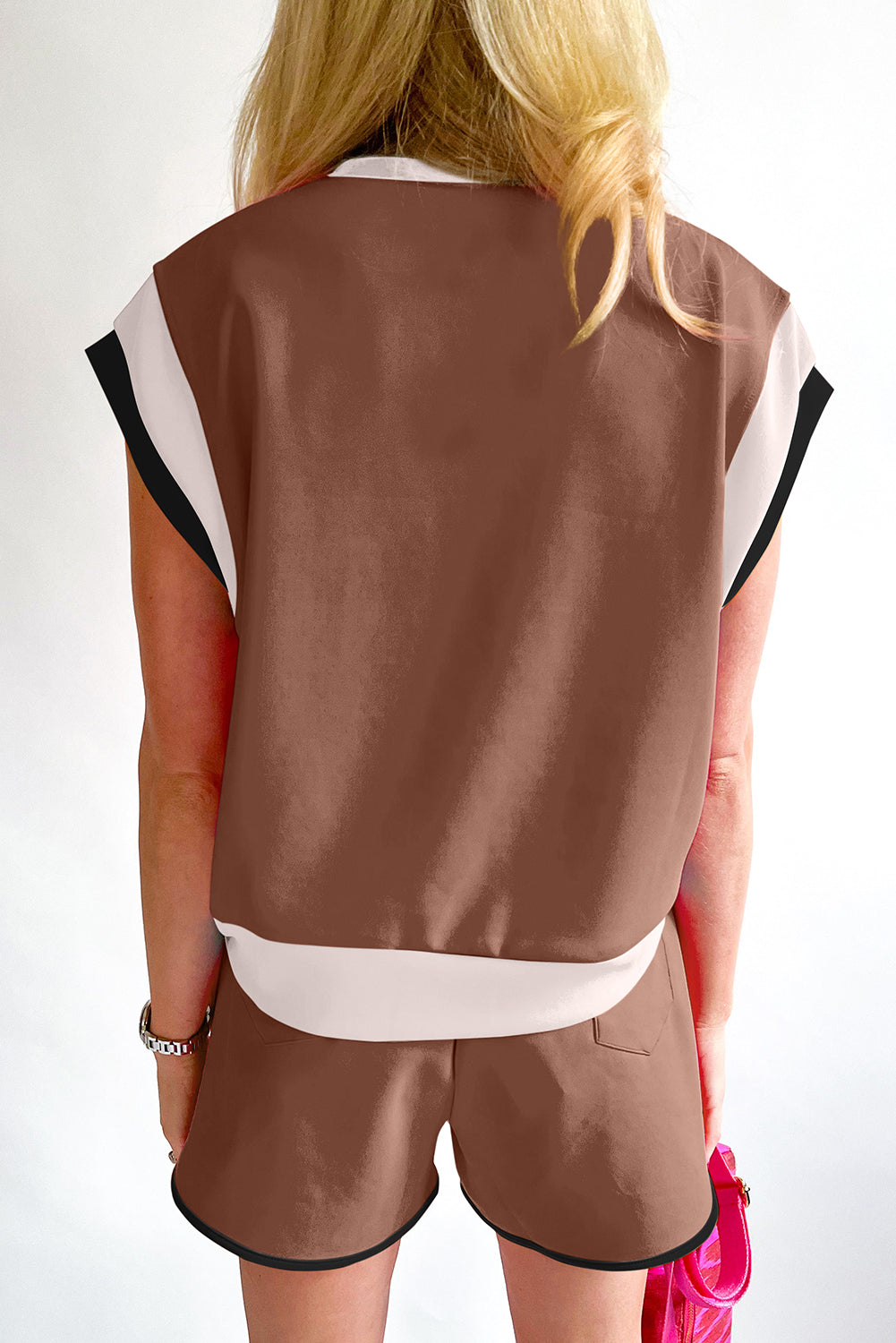 Color-Block Top and Elastic Waist Shorts Set