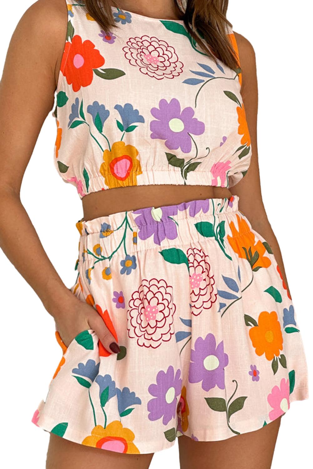 Floral Cropped Tank and Frill High Waist Shorts Set