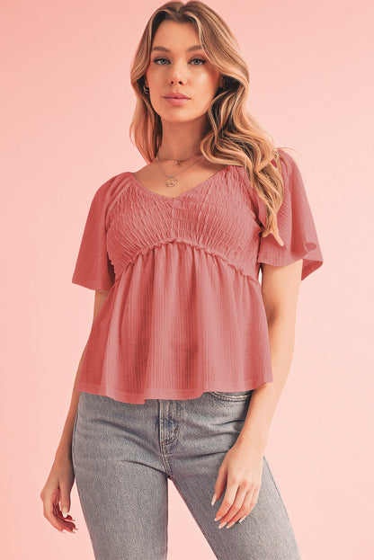 Smocked V-Neck Flutter Sleeve Blouse