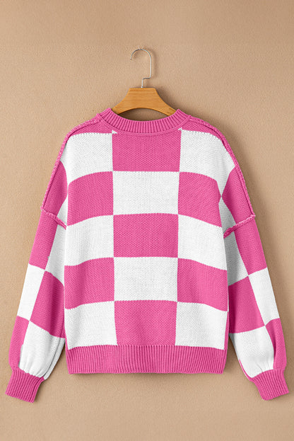 Checked Bishop Sleeve Pullover Sweater