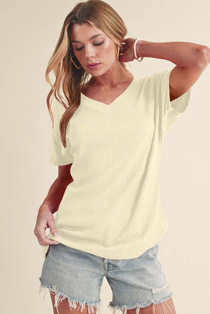 Basic Plain Textured V Neck T-Shirt
