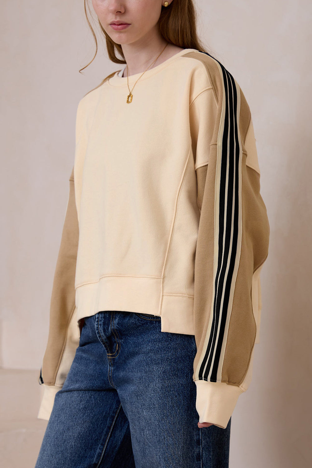 Beige Striped Colour-block Drop Sleeve Sweatshirt
