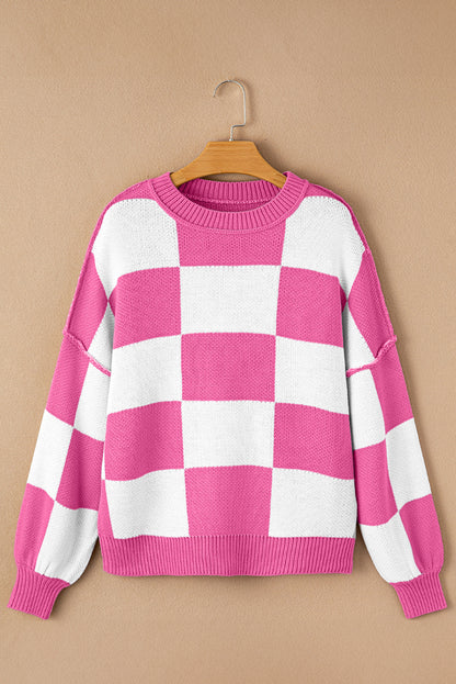 Checked Bishop Sleeve Pullover Sweater