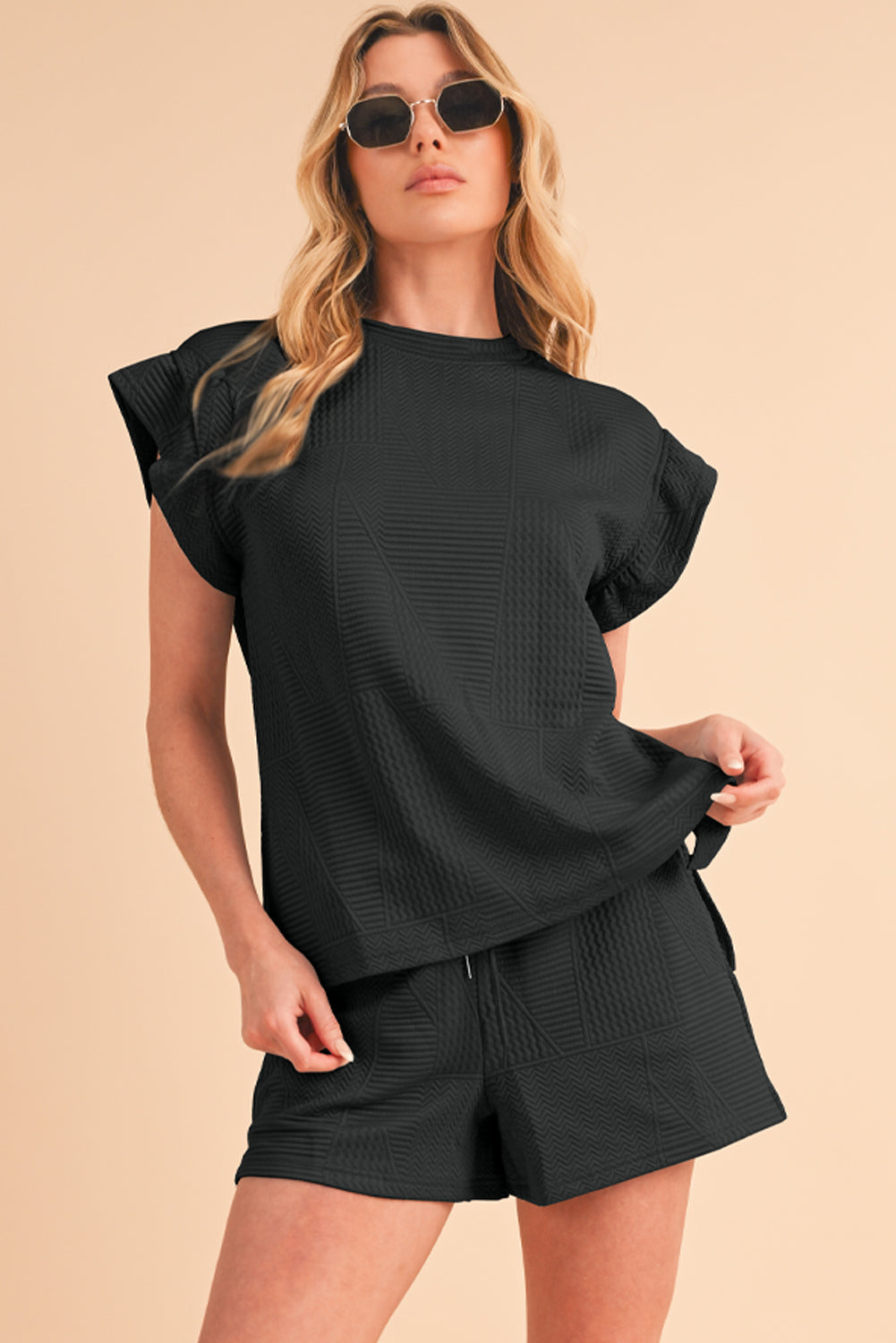 Textured Ruffle Top and Drawstring Shorts Set