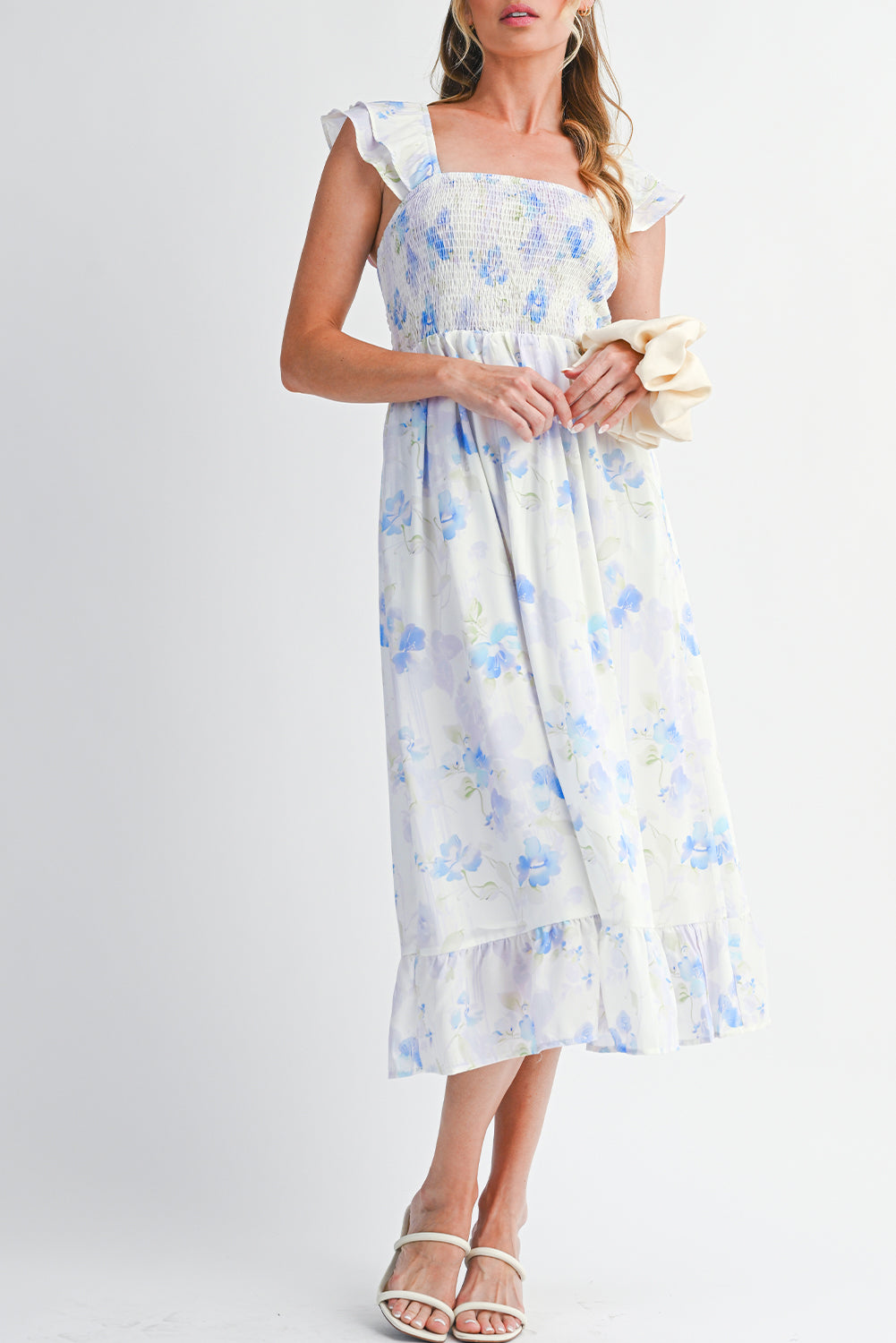 Sky Blue Floral Smocked Maxi Dress