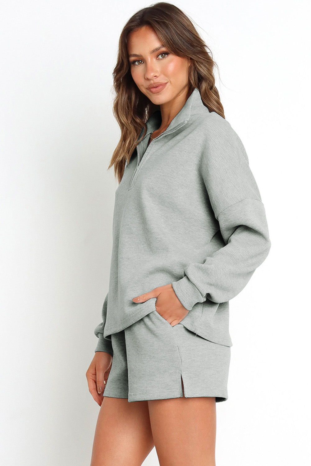 Ribbed Zipper Sweatshirt & High Waist Shorts Set