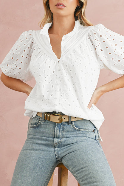 Eyelet Short Puff Sleeve Blouse