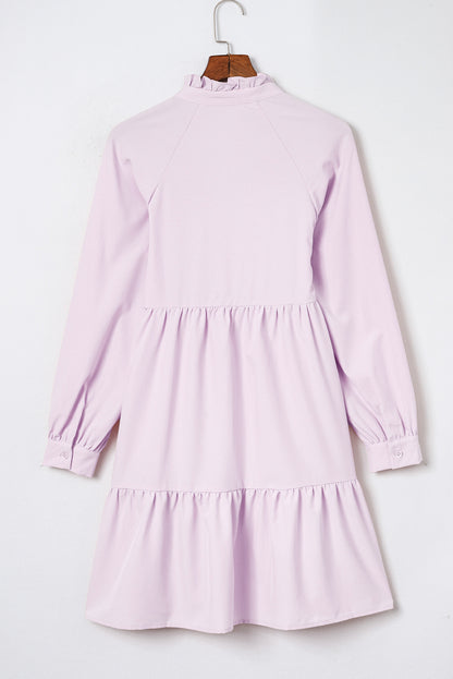 Pink Casual Stand V Neck Short Frill Dress