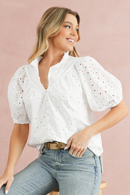 Eyelet Short Puff Sleeve Blouse