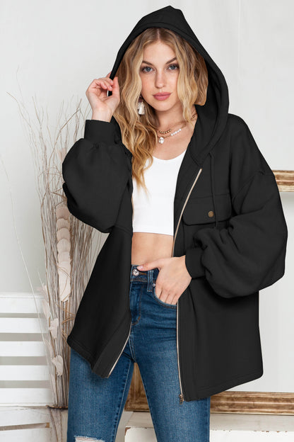 Flap Pockets Bishop Sleeve Zip Up Hoodie