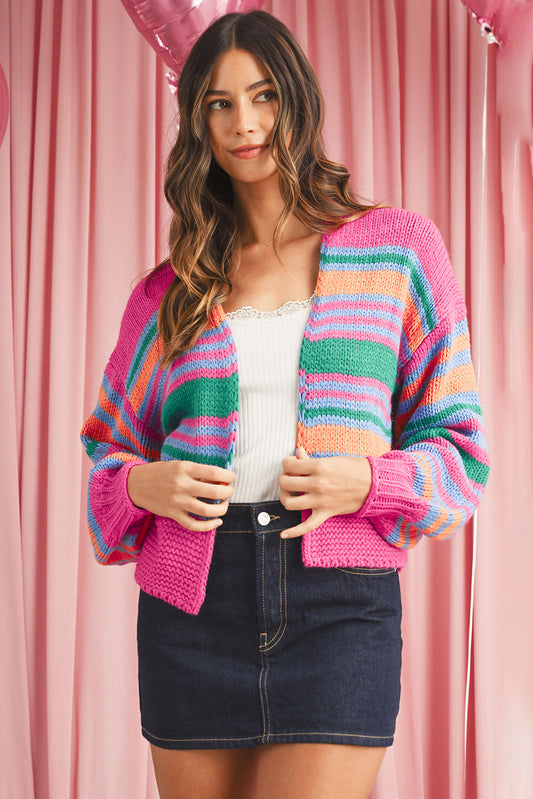 Rosie Striped Puff Sleeve Open Front Cardigan