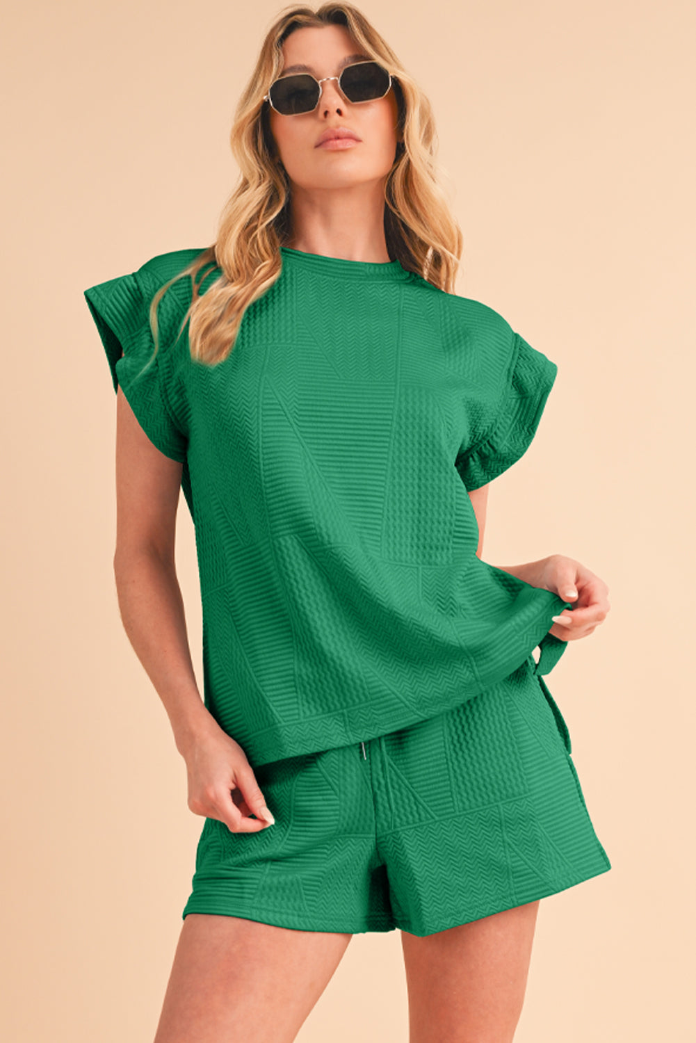 Textured Ruffle Top and Drawstring Shorts Set