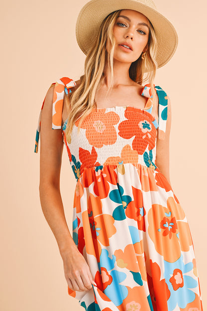 Isla Floral Printed Shoulder Tie Smocked Maxi Dress