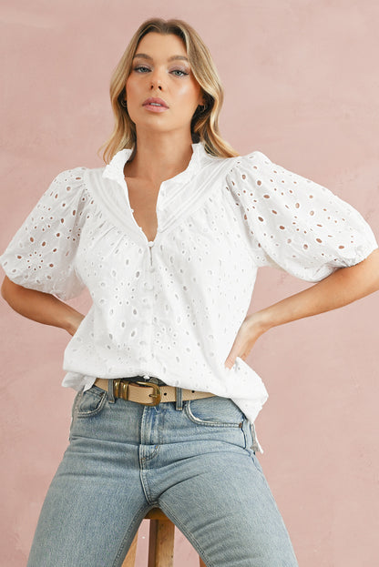 Eyelet Short Puff Sleeve Blouse