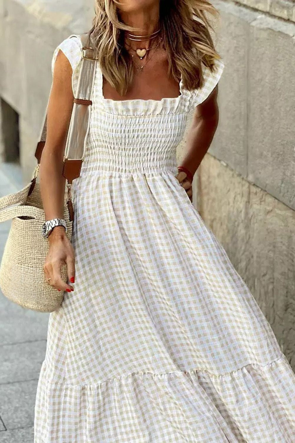 Plaid Ruffled Sleeve Smocked Maxi Dress