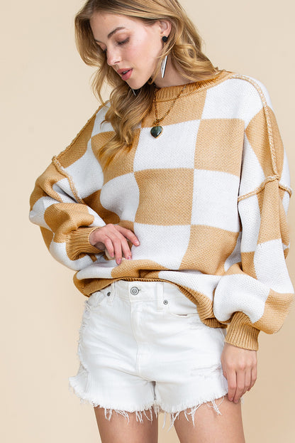 Checked Bishop Sleeve Pullover Sweater