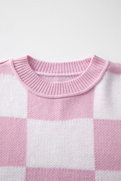 Checked Bishop Sleeve Pullover Sweater