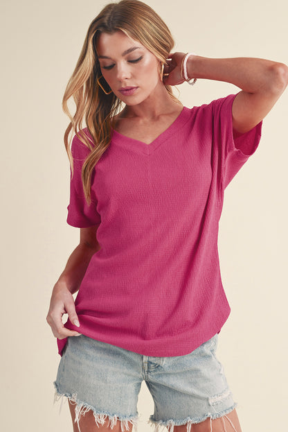 Basic Plain Textured V Neck T-Shirt