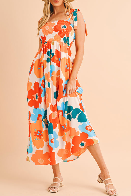 Isla Floral Printed Shoulder Tie Smocked Maxi Dress