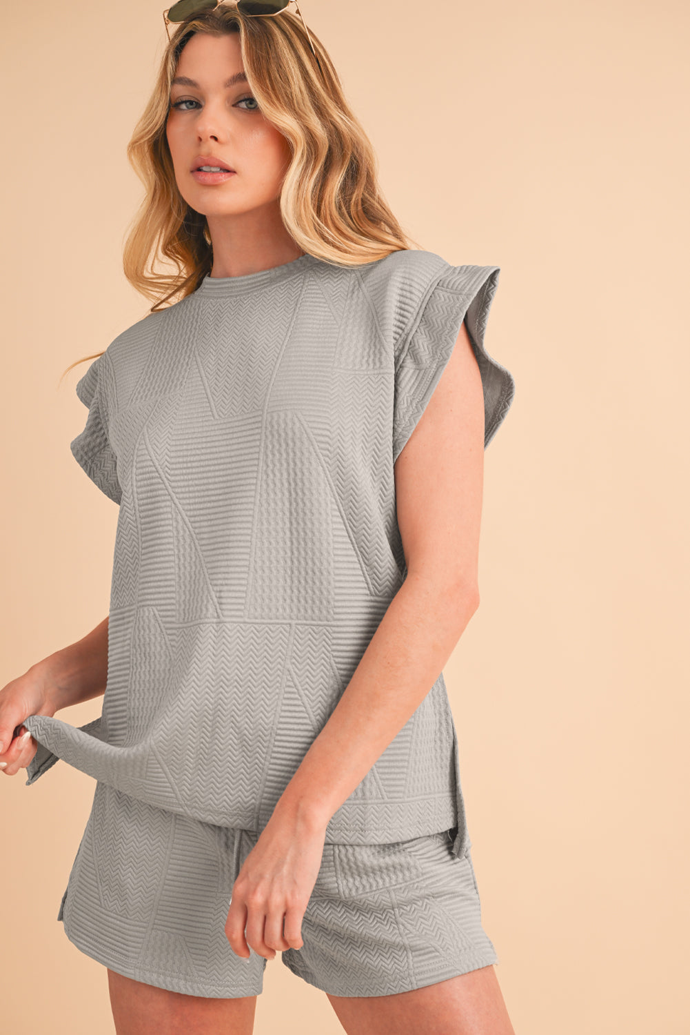 Textured Ruffle Top and Drawstring Shorts Set