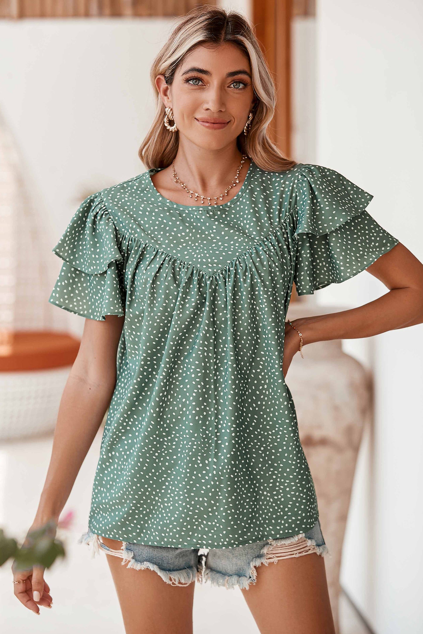 Printed Ruffle Sleeve Blouse