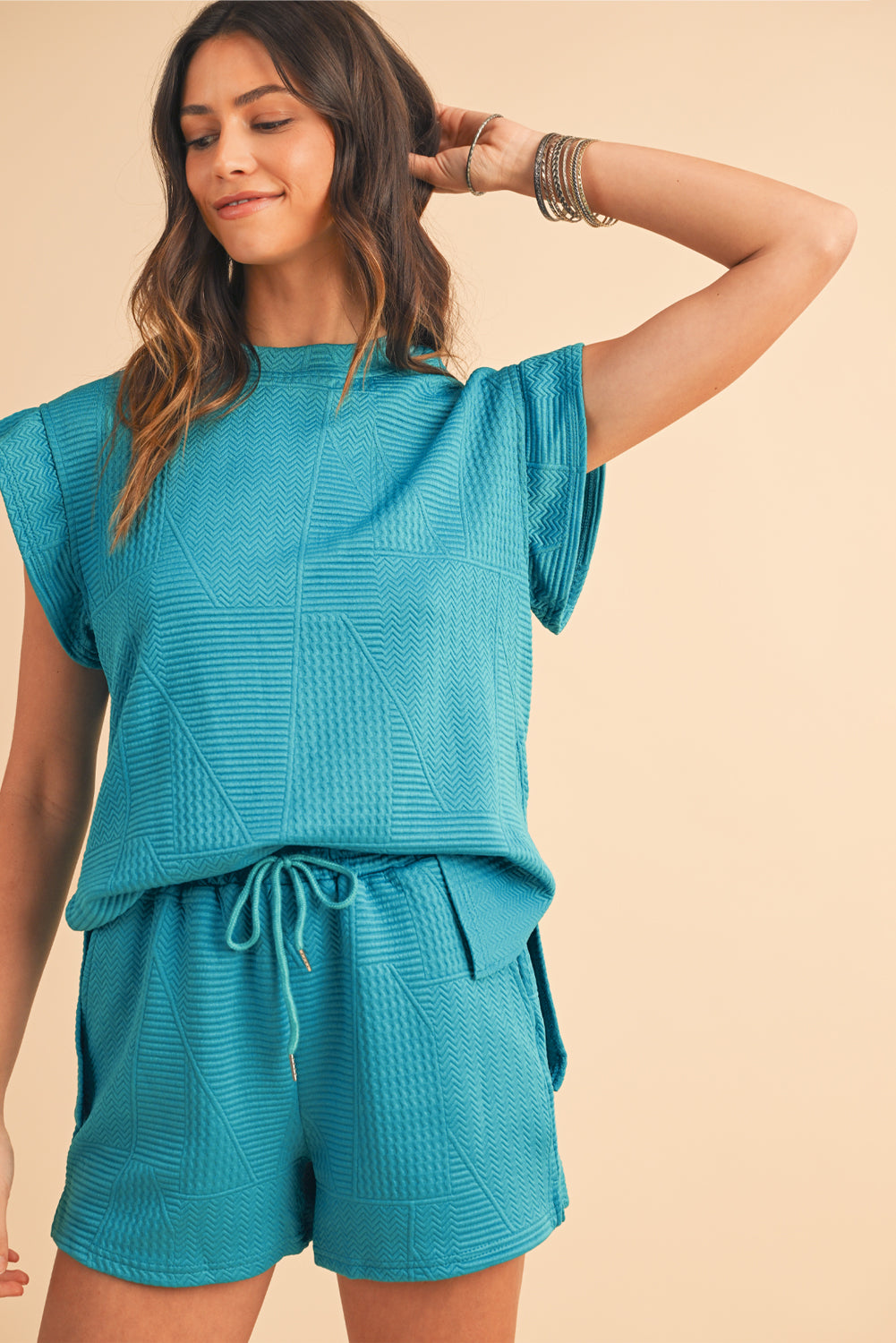 Textured Ruffle Top and Drawstring Shorts Set