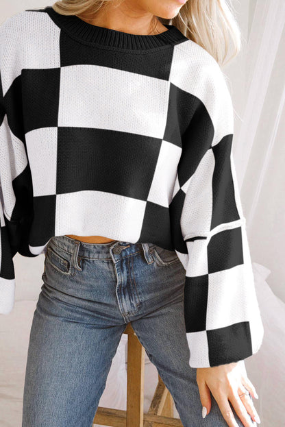 Checked Bishop Sleeve Pullover Sweater