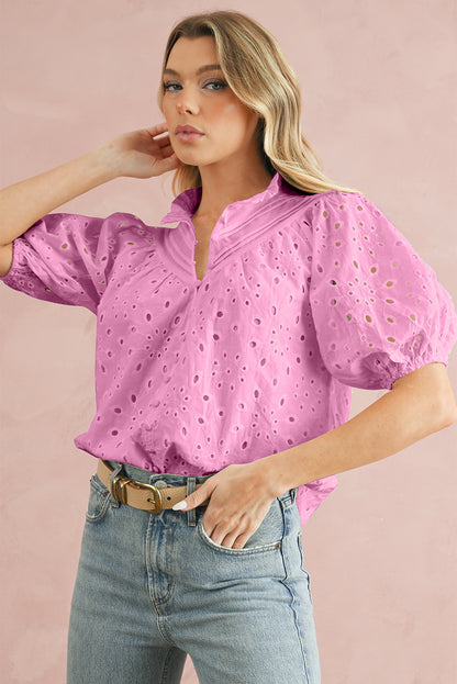 Eyelet Short Puff Sleeve Blouse