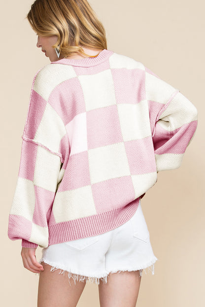 Checked Bishop Sleeve Pullover Sweater