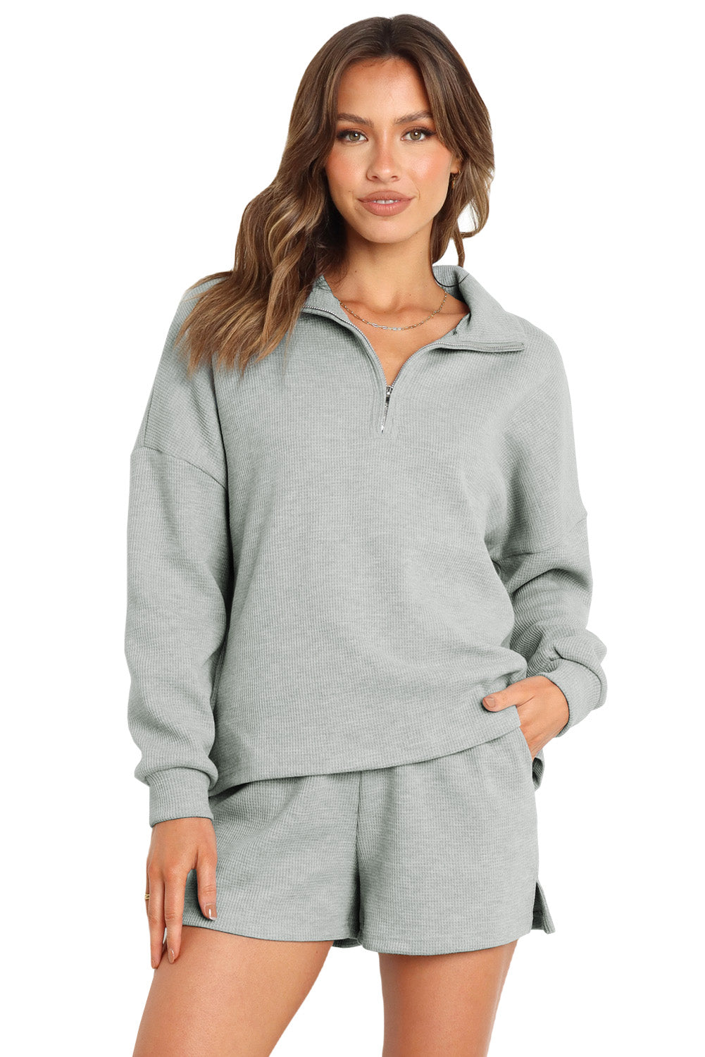 Ribbed Zipper Sweatshirt & High Waist Shorts Set