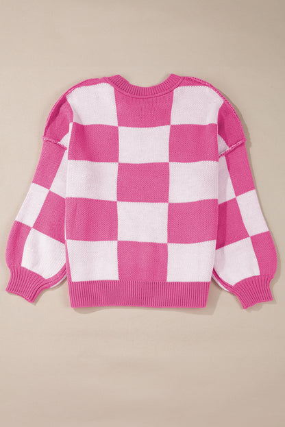 Checked Bishop Sleeve Pullover Sweater