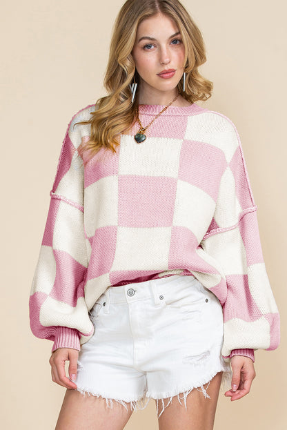 Checked Bishop Sleeve Pullover Sweater