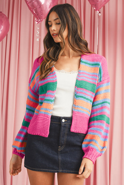 Rosie Striped Puff Sleeve Open Front Cardigan