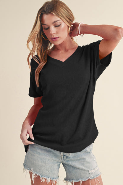 Basic Plain Textured V Neck T-Shirt