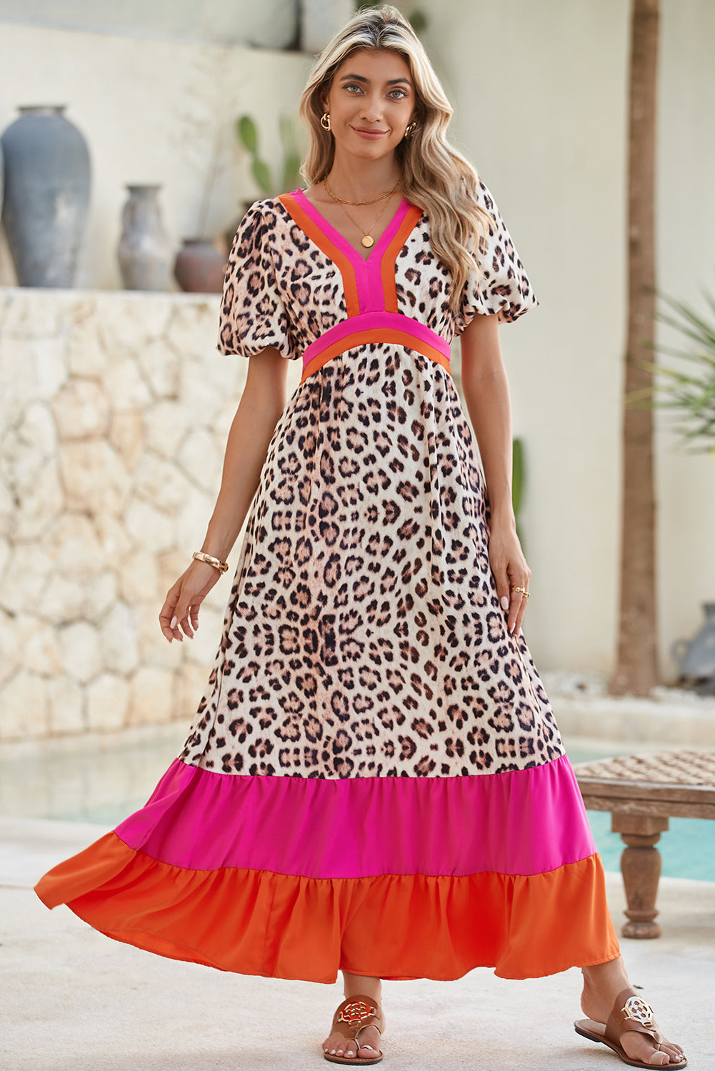 V-neck Leopard Print Colorblock Maxi Dress