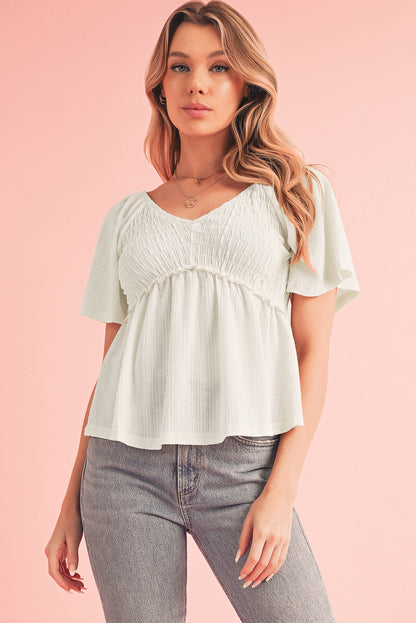 Smocked V-Neck Flutter Sleeve Blouse