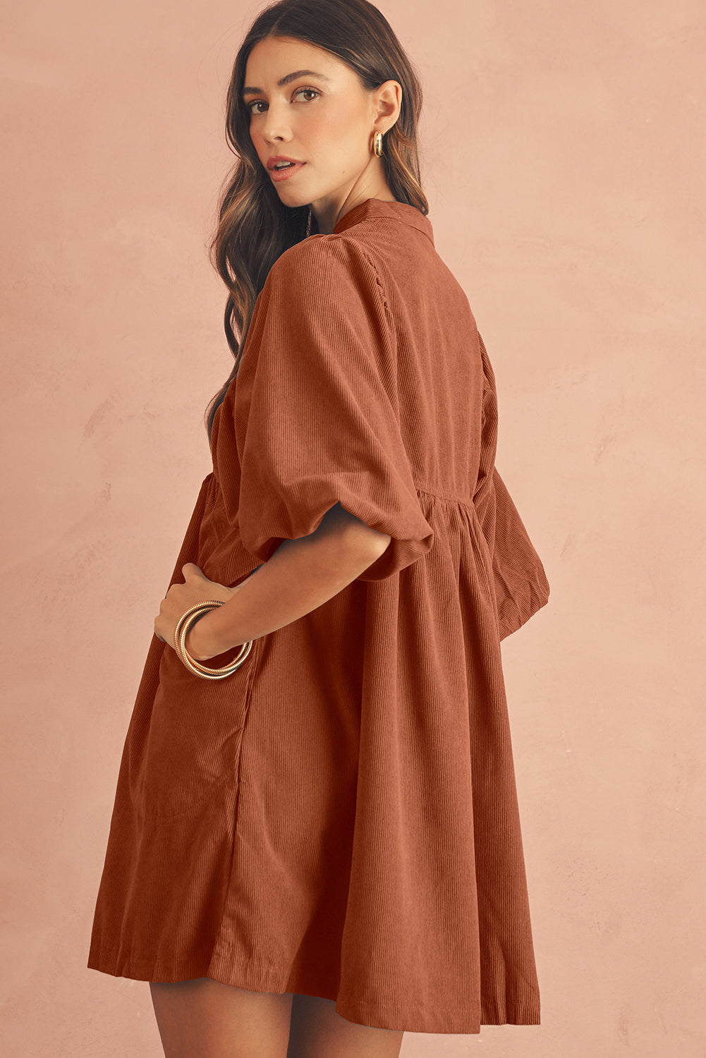 Corduroy Empire Waist Lantern Sleeve Dress