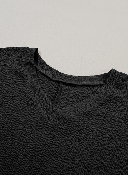 Basic Plain Textured V Neck T-Shirt