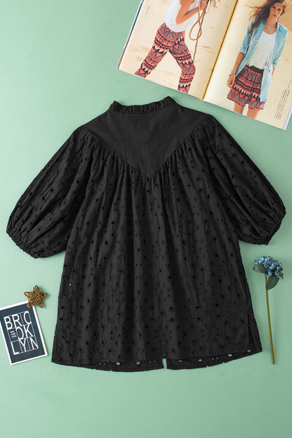 Eyelet Short Puff Sleeve Blouse